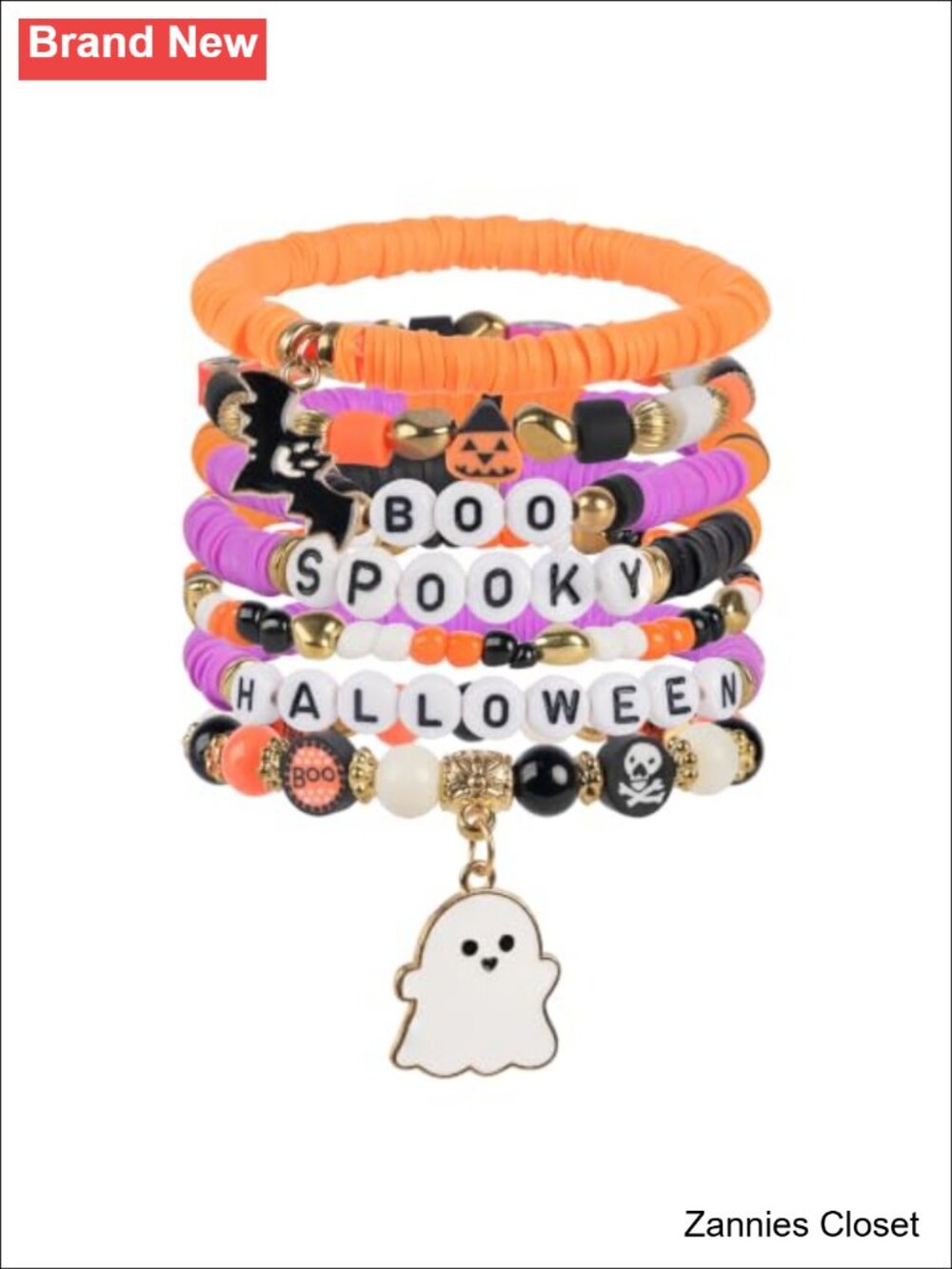 👻 Halloween Beaded Stretch Bracelets 7 Pack Letter Charm Set Costume Jewelry